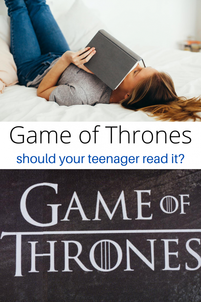 collage of teenager reading and game of thrones logo with text overlay 'Is game of thrones appropriate for teenagers'