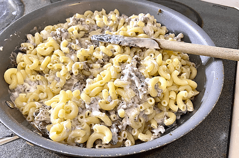 ground beef and pasta in pan